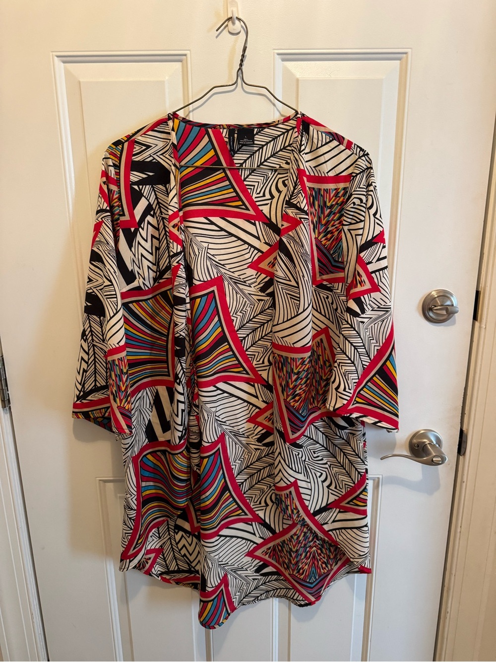 new directions Multicolor Geometric Open-Front Kimono with Pink Trim-Large